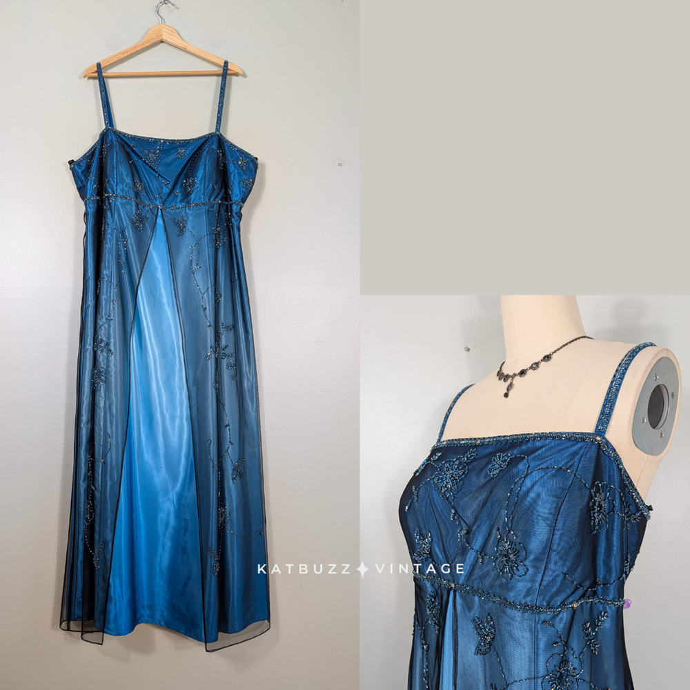 Vintage Betsy Adam Prom Dress Maxi Gown 22W Blue Ombre Princess 90s Y2K Bead